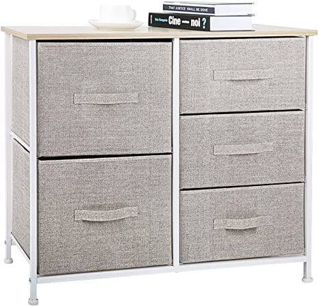 Pipishell Fabric Dresser with 5 Drawers, Vertical Wide Dresser Storage Tower, Organizer Unit with Wood Top and Easy Pull Handle for Closets, Living Room, Nursery Room, Hallway