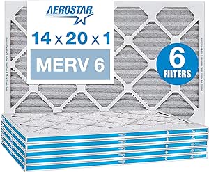 Aerostar 14x20x1 MERV 6 Pleated Air Filter, AC Furnace Air Filter, 6 Pack (Actual Size: 13 3/4"x 19 3/4" x 3/4")