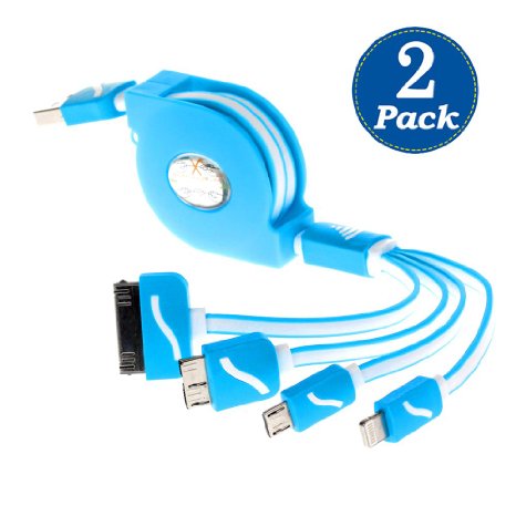 (2 Pack)Lightning USB Cable, Retractable 4 in 1 Multifunctional Universal USB Charger Cable for iPhone 6s, 6s Plus, 5 / 5S / 5C, 4S 4,iPad Mini 2, Galaxy S7 Edge, S6, S5, Note 4 5 ,iPod,HTC(Blue)