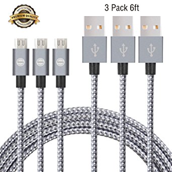 SGIN Micro USB Cable,3-Pack 6ft Nylon Braided Charging Cord - Extra Long USB 2.0 Sync and Charge for Android Devices, Samsung Galaxy, Sony, Motorola Nokia,and More(D Grey White)