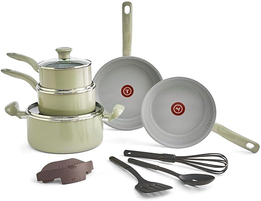 T-fal Recycled Ceramic Nonstick Cookware Set 12 Piece, Oven Safe 350F, Pots and Pans, Fry Pan, Kitchen tools, Green