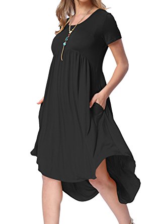 Levaca Womens Summer Short Sleeve High Low Pleated Swing Loose Casual Midi Dress