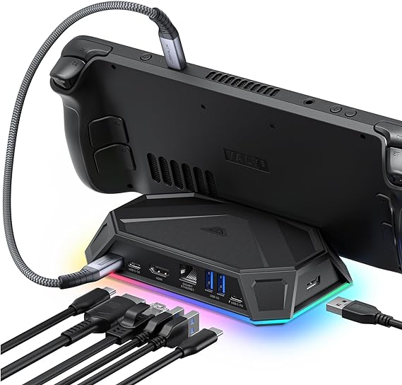 JSAUX RGB Docking Station for Steam Deck (OLED)/ROG Ally/Legion Go, 8-in-1 Steam Deck Dock with 4K@60Hz HDMI, Gigabit Ethernet, USB-C 3.0, Dual USB-A 3.0, USB 2.0, 100W USB-C Charging-HB0801 [Black]