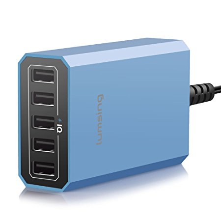 Lumsing 5-Port USB Desktop Charger 40W Family-Sized Multi-Port Wall Charger Mains Plug with Smart Tech for iPhone, iPad, Samsung Galaxy, Mobile Phones, Tablet and Power Bank(Blue)