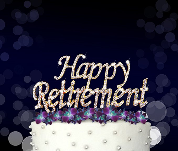 Happy Retirement Cake Topper, Crystal Rhinestones on Gold Metal, Party Decorations, Favors