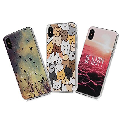 MOLLYCOOCLE iPhone X Case, 3-Pack Full Body Cute Lovely Pattern Ultra-slim Lightweight Hard Transparent Plastic Protective Cover for iPhone X - Twilight Birds Sunset Cat