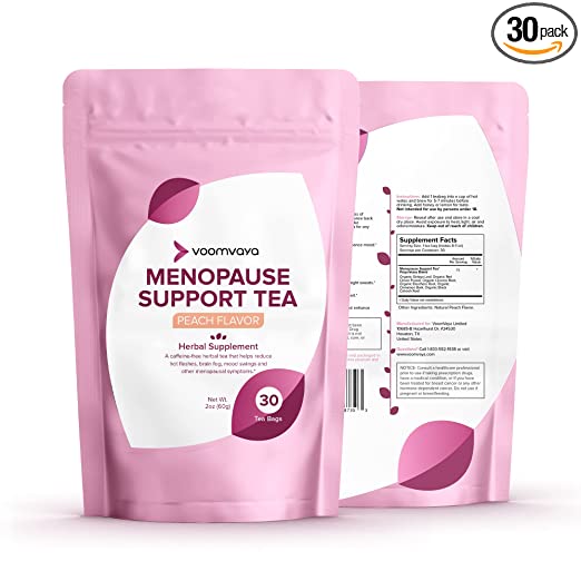 VoomVaya Menopause Support Tea for Women, Reduce Night Sweats & Hot Flashes - Natural Estrogen Hormone Balance, Black Cohosh, Red Clover- 30 Tea Bags - Peach, One Month Supply