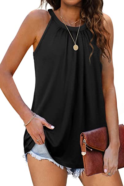 Sieanear Tank Top for Women Summer Halter Tops Pleated Sleeveless Cami Shirts