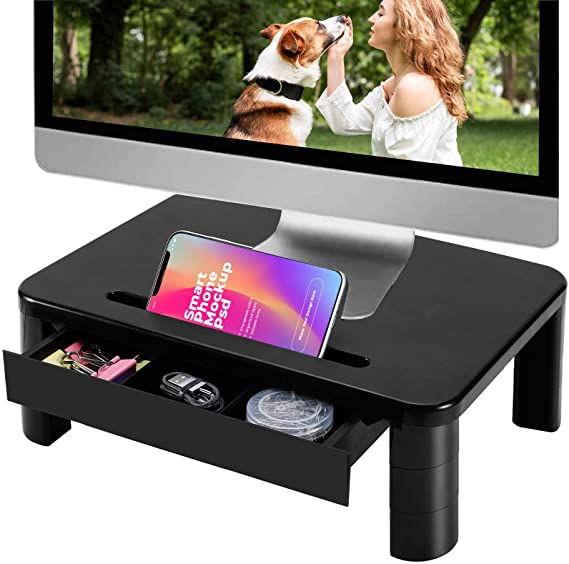 Vplus Compuer Monitor Stand Riser with Drawer Built with Storage Drawer, 3 Height Adjustable Monitor Riser for Computer, Laptop, Screen, Computer Desktop Organizer with Phone & Tablet Holder