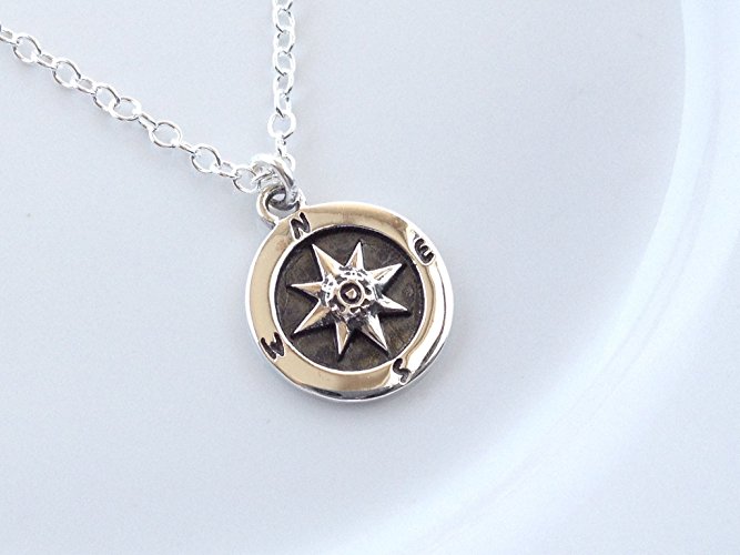 Sterling Silver Compass Charm Necklace, Nautical Jewelry, 18 inches, 925 silver pendant
