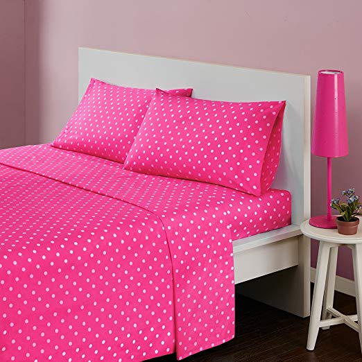 Mi-Zone Polka Dot Printed 100% Cotton Percale Ultra Soft 3 Piece Sheet Set for Girls Bedding, Twin Size, Dark Pink