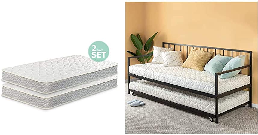 Zinus 6 Inch Spring Twin Mattress (Set of 2) with Eden Twin Daybed and Trundle Set/Premium Steel Slat Support/Daybed and Roll Out Trundle Accommodate Twin Size Mattresses Sold Separately