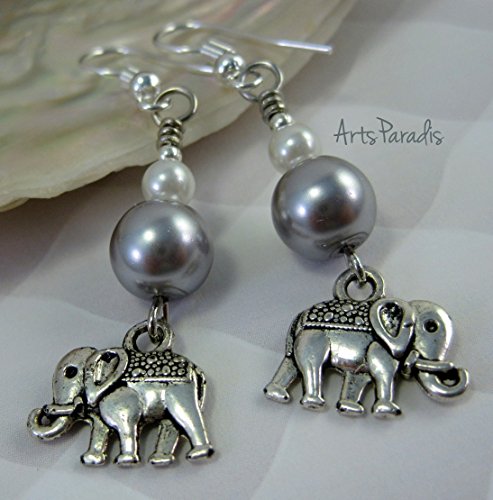Trunk Up Indian Elephant Charm with Grey and White Glass Pearl Earrings by ArtsParadis