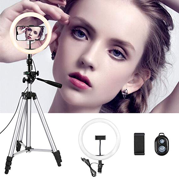 Eocean 10.2" Adjustable Selfie Ring Light with Tripod for YouTube/Live Stream/Makeup, Mini Led Camera Ringlight for Vlog/Video/Photography Compatible with iPhone Xs/Max/XR 8/7 Plus/X/Android (Silver)