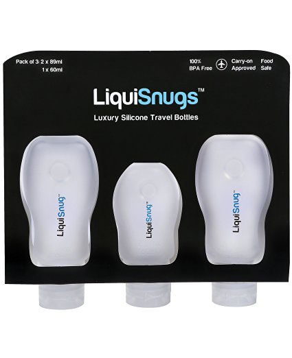 LiquiSnugs Travel Bottles Pack of Three: 2x3oz, 1x2oz - Airline Travel Bottles for Shampoo, Soap, Lotion and More - Leak-Proof, Squeezable Silicone Travel Bottle Set - Travel Accessories: Bottles