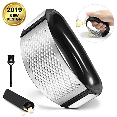 Garlic Press Stainless Steel Garlic Mincer Crusher, Easy Squeeze and Clean, Dishwasher Safe, Silicone Tube Garlic Peeler   Cleaning Brush Included