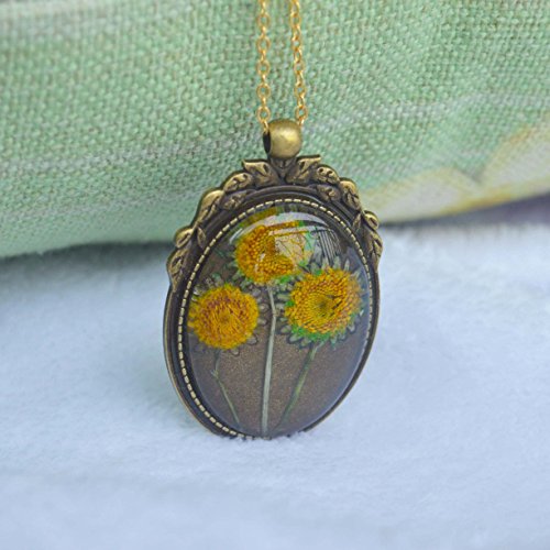 3 Sunflower Helianthus Real Flower Transparent Glass 18K Gold Plated Long Necklace 26" Length