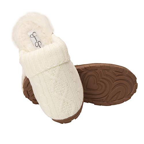 Jessica Simpson Womens Soft Cable Knit Slippers with Indoor/Outdoor Sole (Cream, Size Medium)