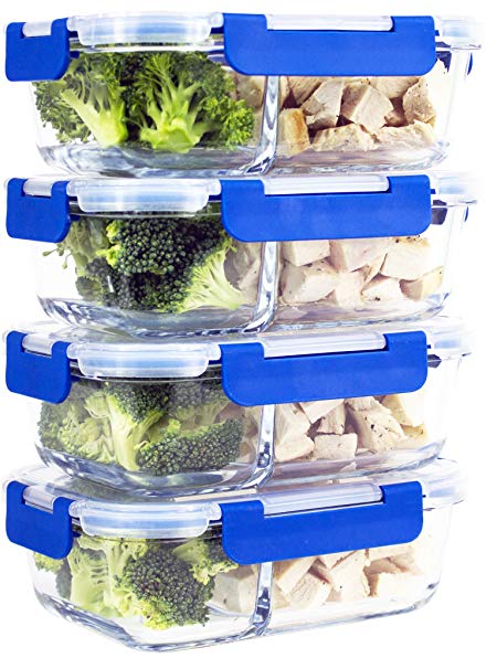 [Larger Premium 4 Set] 2 Compartment Glass Meal Prep Containers with Lifetime Lasting Snap Locking Lids Glass Food Containers BPA-Free, Microwave, Oven, Freezer and Dishwasher Safe (950 ML, 32 Oz.)