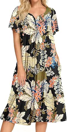 Bloggerlove House Dresses for Women with Pockets Mumu Duster Housecoat Short Sleeve Patio Dress S-XXL