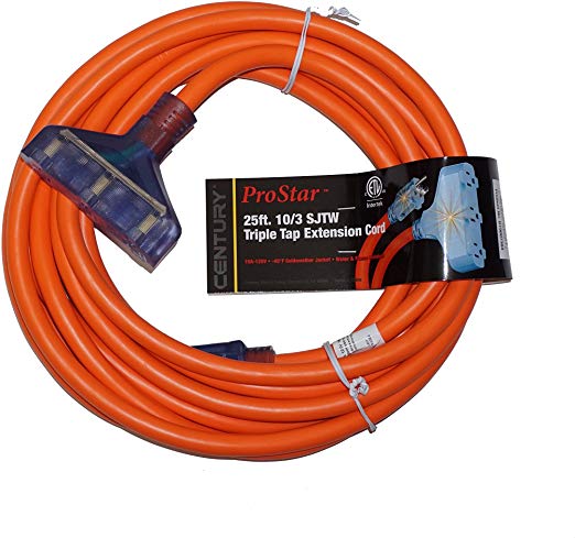 ProStar 25 Foot 10 Gauge SJTW 3 Conductor Triple Tap Extension Cord With Lighted Ends - Orange