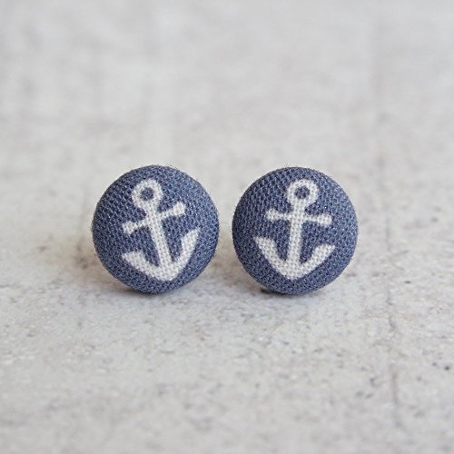 Navy Anchor Fabric Button Earrings