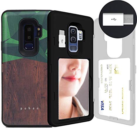 Galaxy S9 Plus, SKINU S9 Plus Wallet Charger Dual Layer Hidden Credit [S9 Plus Card Case] Holder ID Slot Card Case with Inner USB type C Adapter and Mirror for Samsung Galaxy S9 Plus (2018) - Wood