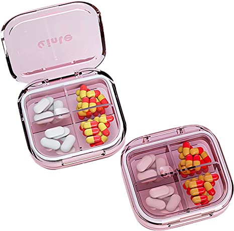 Leorx Portable 4 Compartments Pill Box Waterproof Daily Pill Case, Pill Organizer Travel Medicine Holder for Purse Pocket for Vitamins, Earrings, Fish Oils, Circular Needle, Button - Pink