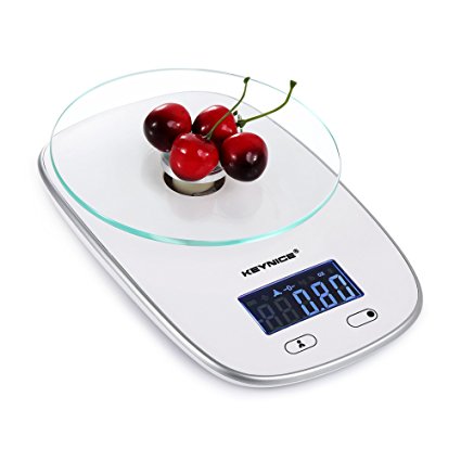 Keynice Digital Kitchen Scale Electronic Cooking Food Scale LCD Display Backlight High Accuracy, Weight Scale Diet Food 1G 5KG Pate with Safe Glass - White
