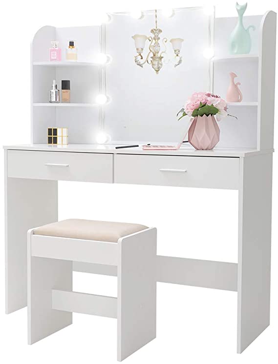 Large Vanity Set with 10 Light Bulbs, Makeup Table with Cushioned Stool, 6 Storage Shelves 2 Drawers, Dressing Table Dresser Desk for Women, Girls, Bedroom, Bathroom, White