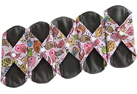 Heart Felt Bamboo Reusable Cloth Menstrual Pads (5 Pack Bird Print) with Charcoal Absorbency Layer, Washable Sanitary Napkins, Overnight Long Panty Liners (Small-Light Flow)
