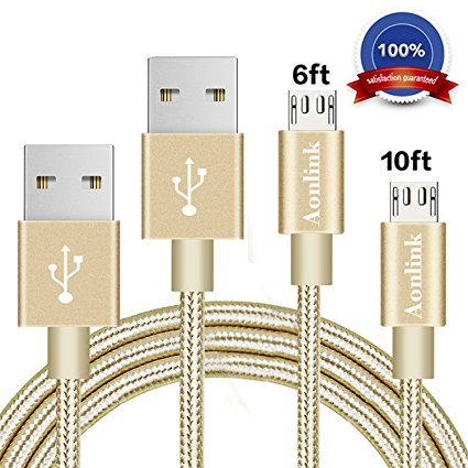 Aonlink Micro USB Cable,2Pack 6FT 10FT Premium Micro USB Cable High Speed USB 2.0 Charger Cord Sync and Charging Cables for Samsung/HTC/Motorola/Android Devices and More-Gold