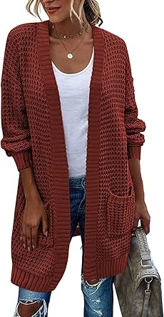 Zeagoo Women's 2024 Fall Open Front Cardigan Long Batwing Sleeve Chunky Knit Sweater Loose Outerwear Coats with Pockets