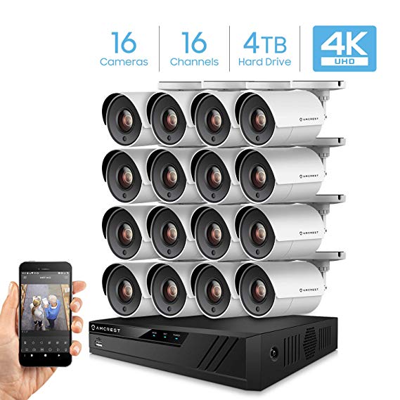 Amcrest UltraHD 4K 16CH Video Home Security Camera System with 16 x 4K (8MP) IP67 Bullet Outdoor Surveillance Cameras, 100ft Night Vision, Pre-Installed 4TB Hard Drive, (AMDV80M16-16B-W)