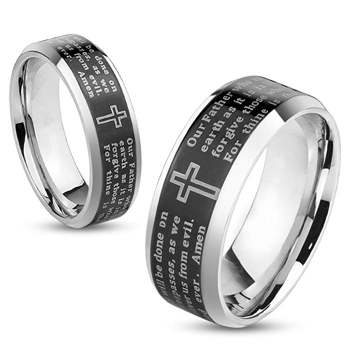 S&H JEWELRY Lord's Prayer Engraved Black Stainless Steel Ring Beveled Edge