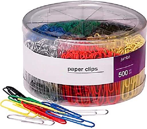 1InTheOffice Jumbo Paper Clip, Vinyl Coated Smooth Large Paper Clips"500 Pieces" (Assorted Colored)
