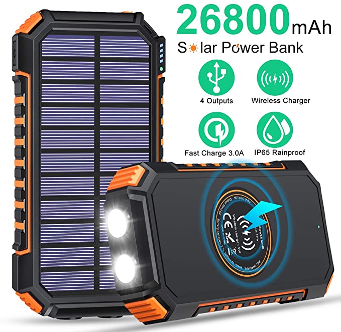 Solar Charger 26800mAh High Capacity, ADDTOP Wireless Portable Charger USB C Power Bank with 4 Outputs, Fast Charging Phone Charger for iPhone Samsung iPad and Outdoor Waterproof Camping/Hiking