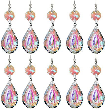 H&D Colorful Lamp Prisms Parts 38mm Loquat Shape with Octagon Bead Chandelier Glass Crystals Hanging Drops Christmas Pendants (Color-10pcs)