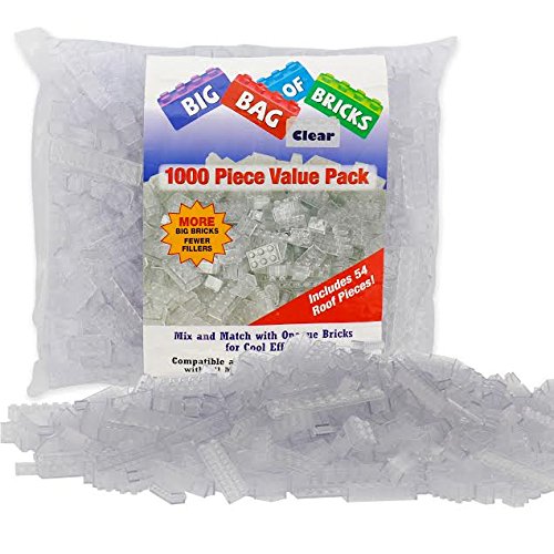 Building Bricks - 1000 Pc "Big Bag of Bricks" Bulk Clear Blocks with 54 Roof Pieces - Tight Fit with All Major Brands