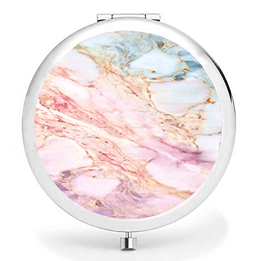 BYBART Metal Compact Mirror, 2-sided with 2X and 1X Magnifying Handheld Makeup Mirror - Perfect for Purse Pocket Travel - Pink Gold Marble