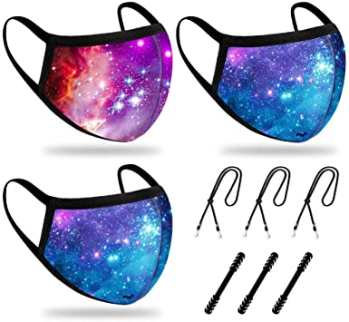 Reusable and Washable 2 Layers Fabric Face Madk,3 Pcs Reusable Fabric Face Madks, Build-in Nose Bridge Wire, with 3 Ear Madk Extension Adjustable Hooks and 3 Adjustable Length Madk Lanyards, Galaxy