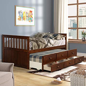 Danxee Wood Bed Captain's Bed Storage Twin Daybed with Trundle Bed and Storage Drawers Platform Bed Kids Bed (Walnut)