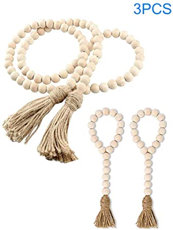 BJH Wood Bead Garland Farmhouse Rustic Country Beads Holiday Decoration Wall Hanging Prayer Beads