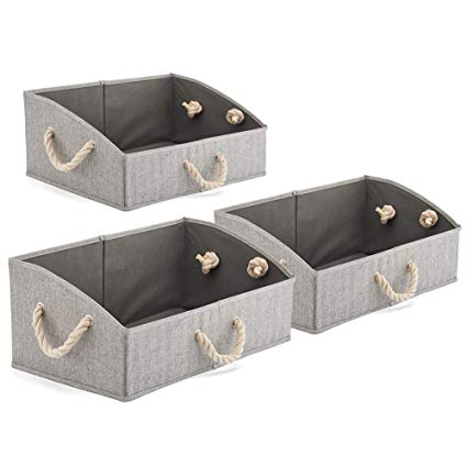 Set of 3 Large Storage Bins EZOWare Foldable Bamboo Fabric Trapezoid Organizer Boxes with Cotton Rope Handle, Collapsible Basket for Shelves, Closet, Baby Toys, Diaper, and More (Gray)