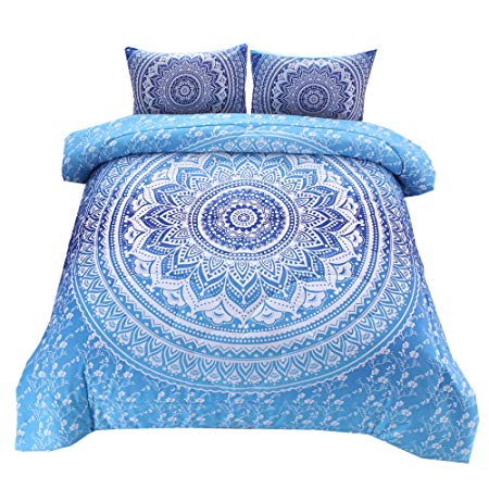 NTBED Bohemian Comforter Sets Queen with 2 Matching Pillow Shams Soft Microfiber 3-Piece Boho Mandala Quilt Set (Blue, Queen)