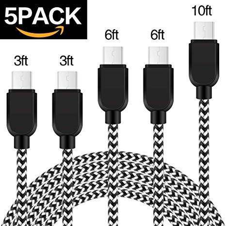 USB Type C Cable，WSCSR- 5 Pack Nylon Braided USB C Cable Extra Long Fast Charger for Samsung Galaxy S9 S8 Plus Note 8,Moto Z Z2,LG V30 V20 G5 G6,Google Pixel，New Macbook and More-Black&White