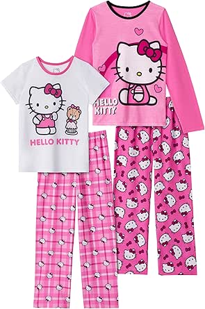 Hello Kitty Girls Pajama Pants and Sleep Shirt Sets 4 Piece PJ Top and Bottom Sleepwear Set for Girls Pajamas for Kids