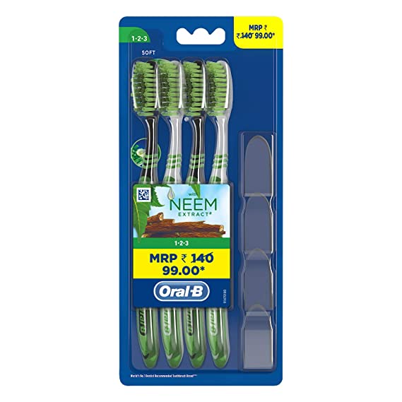 Oral- B 123 Soft manual Toothbrush for adults with Neem Extract (Multicolor,Buy 2 Get 2 Free)