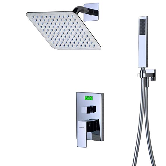 Sumerain Shower Faucet Sets Complete, Rain Shower System Integrated Digital Temperature Display with 8" Square Stainless Steel Ultra-thin Rain Shower, Pressure Balanced Valve