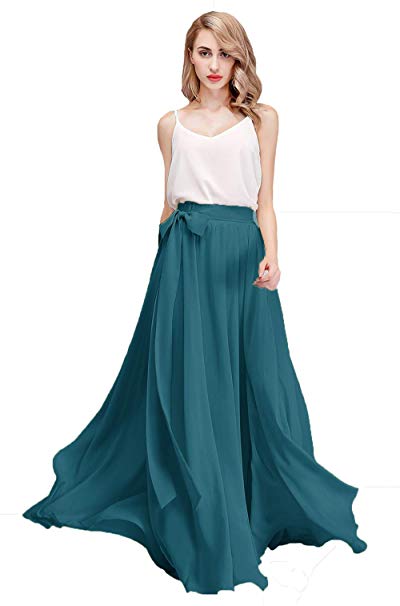 Honey Qiao Chiffon Maxi Skirt Bridesmaid Dresses Long High Waist Floor/Ankle Length Elastic Woman Dresses with Belt
